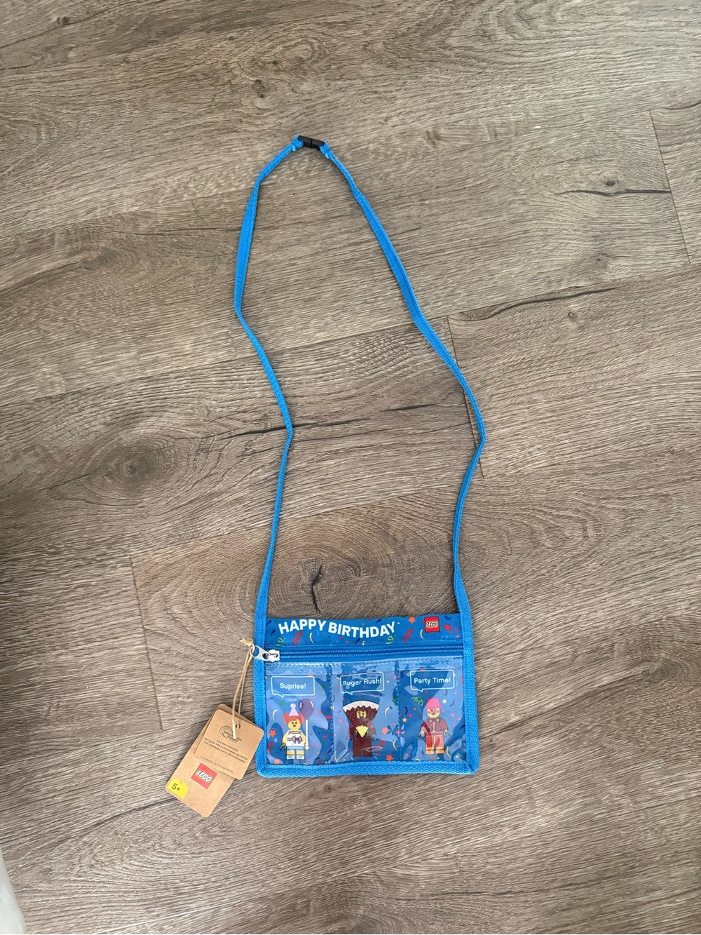 LEGO Kids Blue 'Happy Birthday' Crossbody Bag/minifigure holder. New.